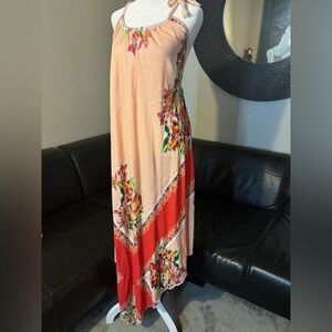 Free People BOHO BEACH cover-up Dress Asymmetrical Floral in Pink and Red